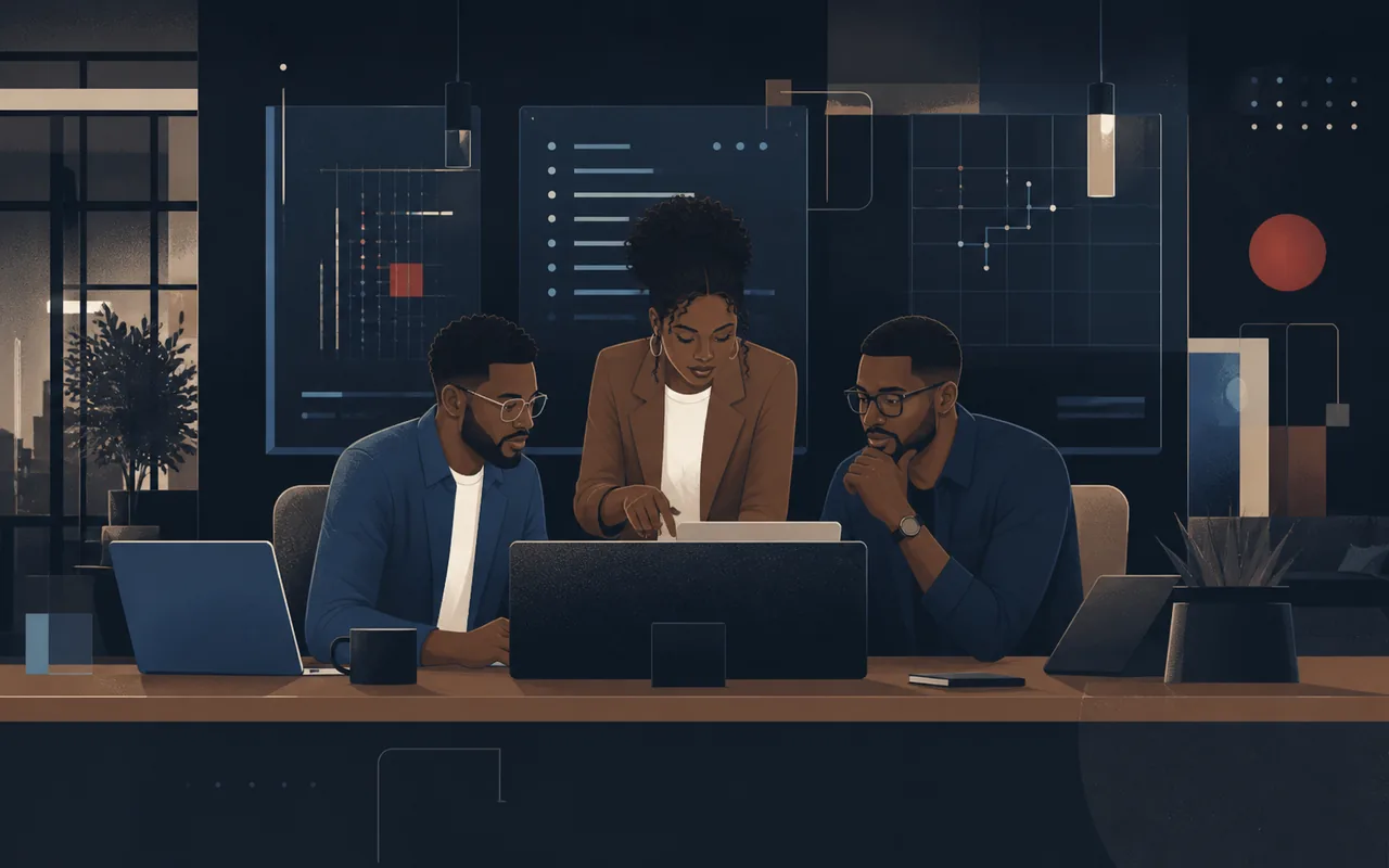 Software professionals collaborating around code and delivery information